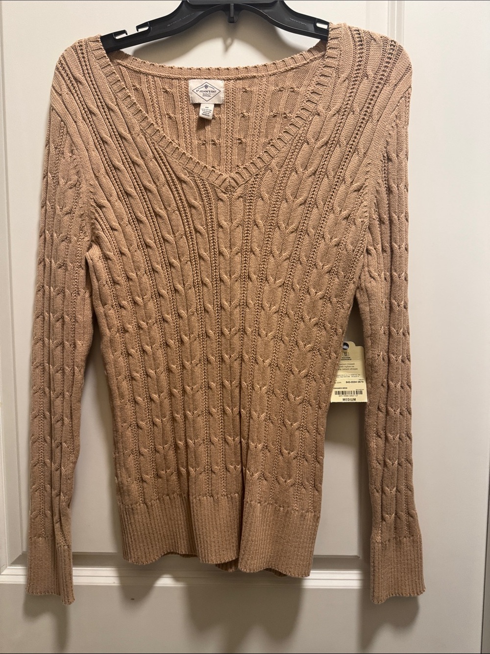 St. John's Bay Women's Cable-Knit V-Neck Sweater in Beige Woman M